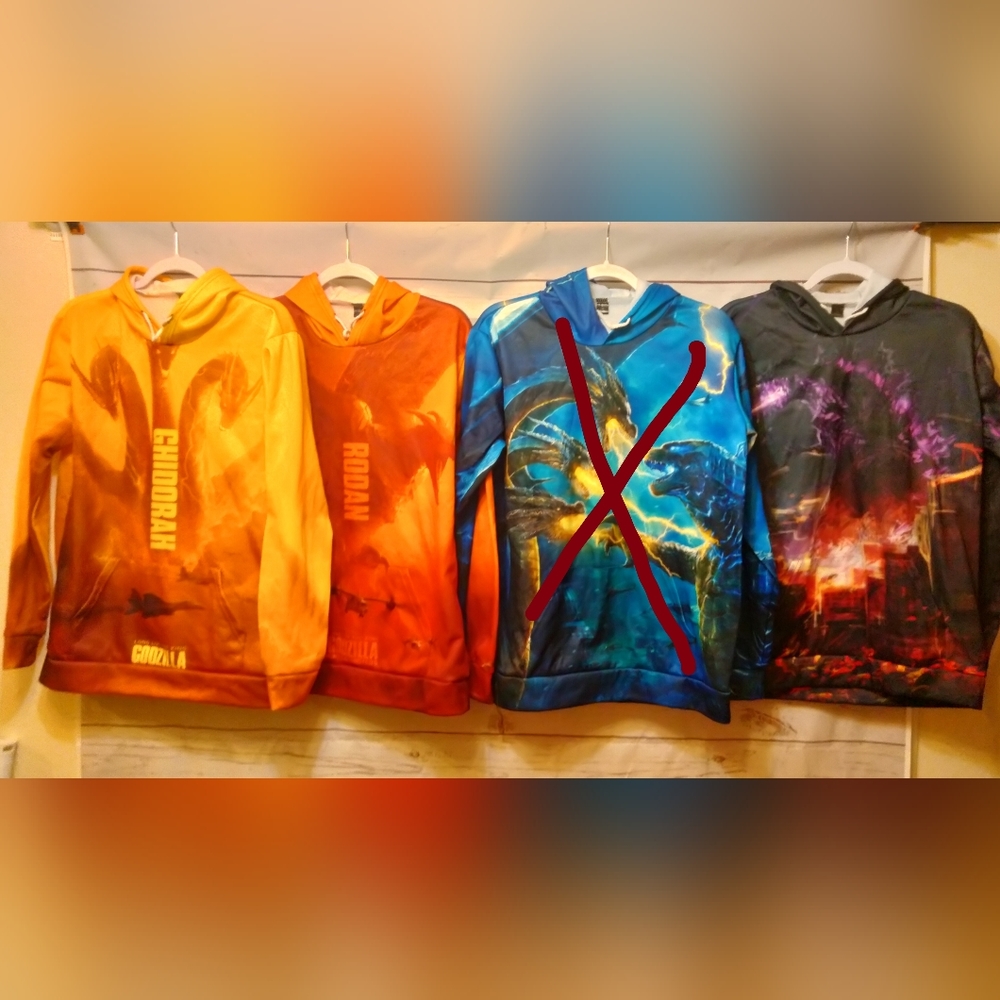 Godzilla, Ghidora, and Godzilla Hoodies. All Mens Lrg! $35 each.
